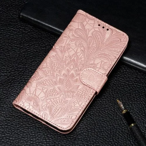 Funda de Cuero para LG K50S con Estampado de Flores, Tapa Horizontal, Soporte, Ranuras para Tarjetas, Billetera y Cordón (Oro Rosa)