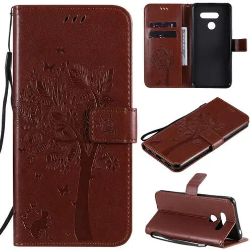 Funda de Cuero para LG K50S con Tapa Horizontal, Patrón Árbol y Gato, Soporte, Ranuras y Cordón (Café)