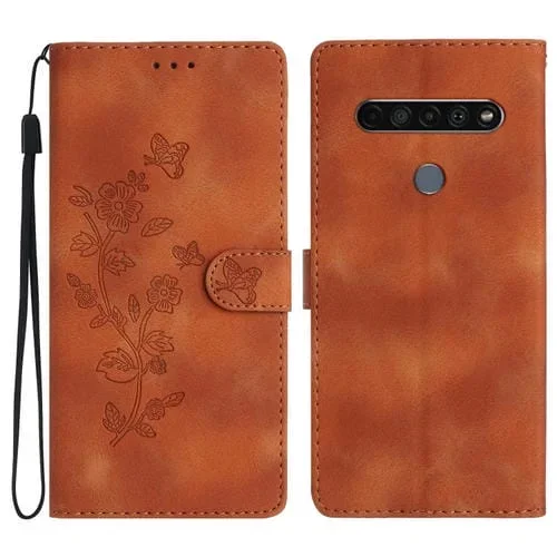 Funda de Cuero para LG K61 con Flor Mariposa y Relieve Patrón (Marrón)