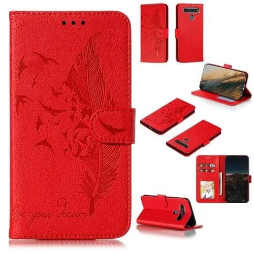 Funda de Cuero para LG K61 con Tapa Horizontal, Textura Litchi, Diseño Plumas, Billetera y Soporte