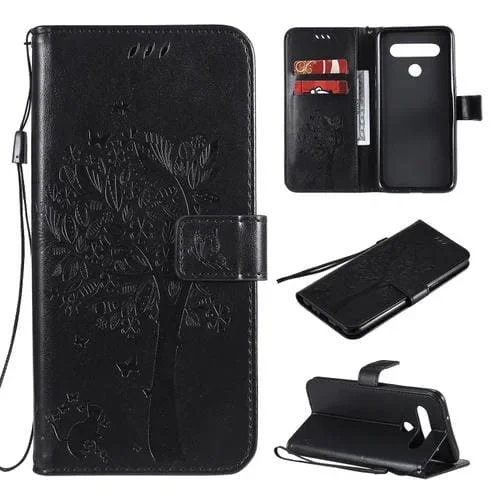 Funda de Cuero para LG K61 Tree & CAT con Tapa Horizontal, Patrón En Relieve, Soporte, Ranuras para Tarjetas y Cordón (Negro)