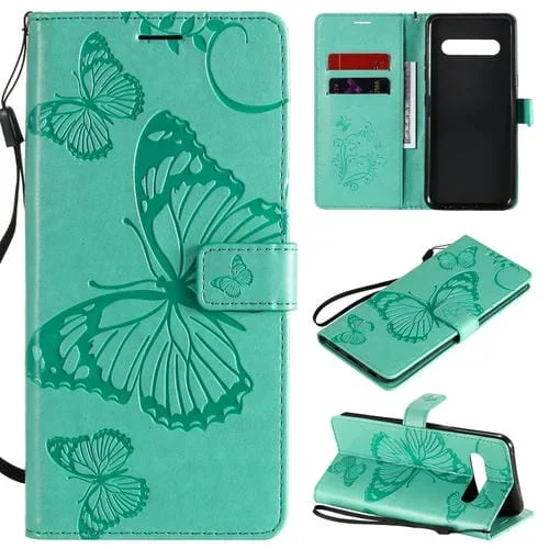 Funda de Cuero para LG V60 3D Mariposas en Relieve con Tapa Horizontal, Soporte, Ranura para Tarjeta y Billetera (Verde)