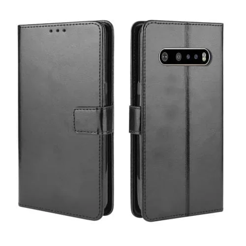 Funda de Cuero para LG V60 Thinq 5G con Tapa Horizontal, Soporte, Ranuras para Tarjetas y Marco de Fotos (Negro)