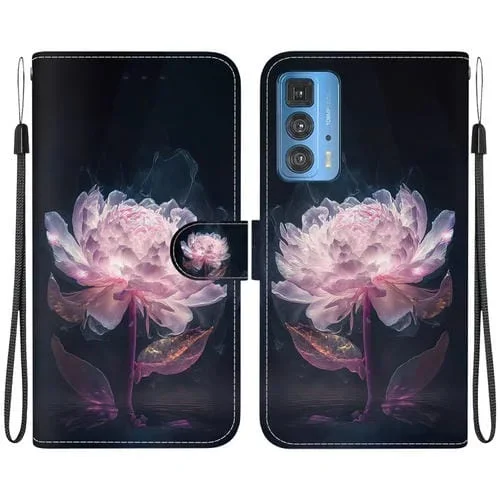 Funda de Cuero para Motorola Edge 20 Pro con Dibujo Coloreado y Textura de Cristal (Peonía Púrpura)