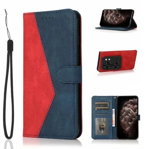 Funda de Cuero para Motorola Edge 40 con Costuras Dos Colores (Rojo Azul)