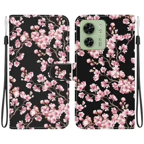 Funda de Cuero para Motorola Edge 40 con Dibujo Coloreado y Textura de Cristal (Flor de Ciruelo)