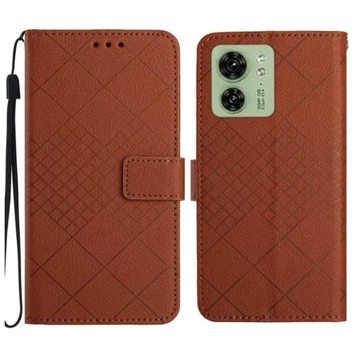 Funda de Cuero para Motorola Edge 40 con Textura de Rejilla Rómbica (Marrón)