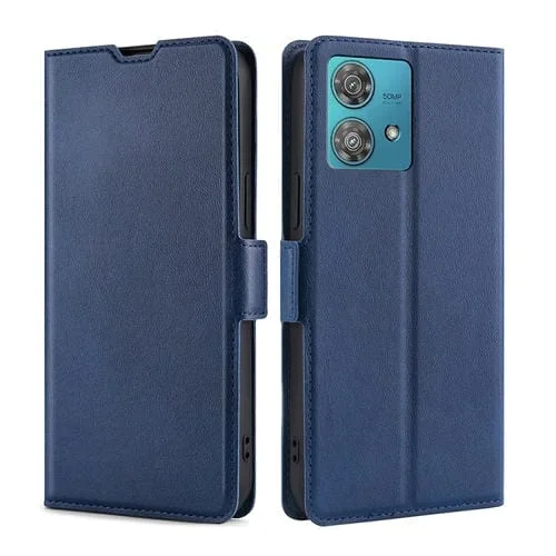 Funda de Cuero para Motorola Edge 40 Neo 5G con Tapa Horizontal y Hebilla Lateral (Azul)