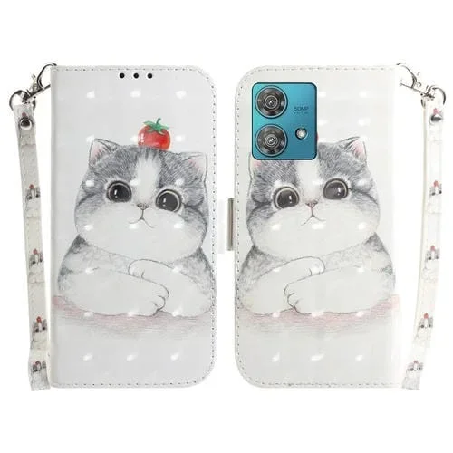 Funda de Cuero para Motorola Edge 40 Neo con Tapa Horizontal y Diseño 3D (Lindo Gato)