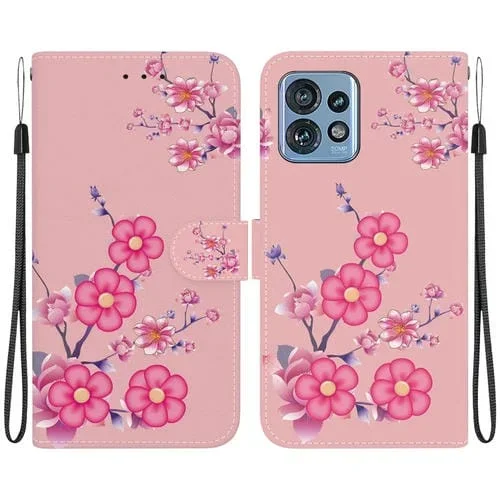 Funda de Cuero para Motorola Edge 40 Pro con Dibujo Coloreado y Textura de Cristal (Flores de Cerezo)