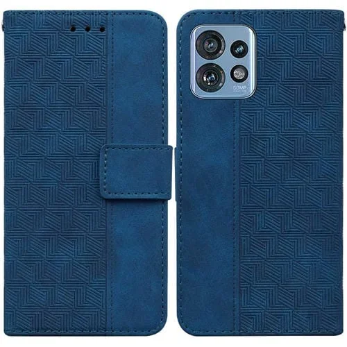 Funda de Cuero para Motorola Edge 40 Pro con Relieve Geométrico (Azul)