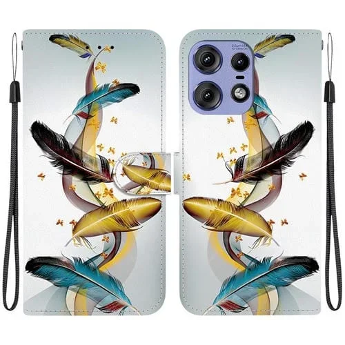 Funda de Cuero para Motorola Edge 50 Pro con Dibujo de Colores y Textura de Cristal (Plumas de Mariposa Doradas)