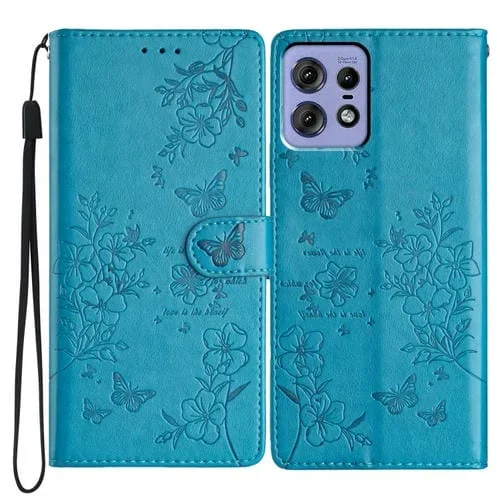 Funda de Cuero para Motorola Edge 50 Pro con Mariposas y Flores (Azul)