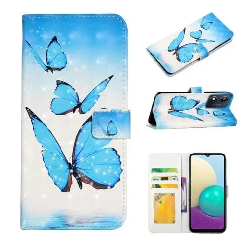 Funda de Cuero para Motorola Moto E13 con Dibujo 3D en Relieve al Óleo (3 Mariposas)