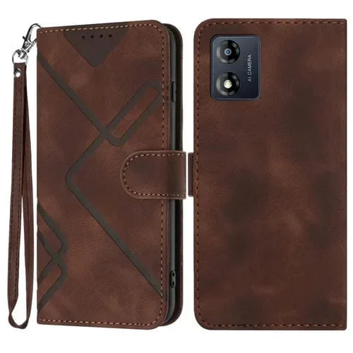 Funda de Cuero para Motorola Moto E13 con Diseño Line Pattern y Textura Skin Feel (Café)