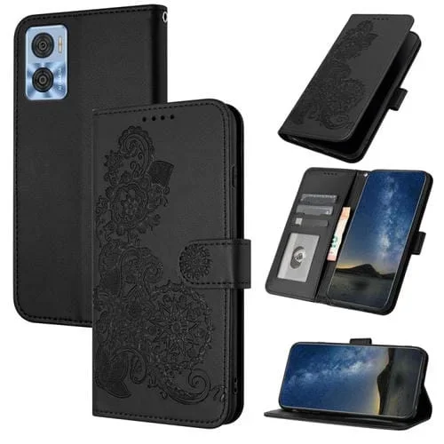 Funda de Cuero para Motorola Moto E22 Datura Flower con Tapa en Relieve (Negro)