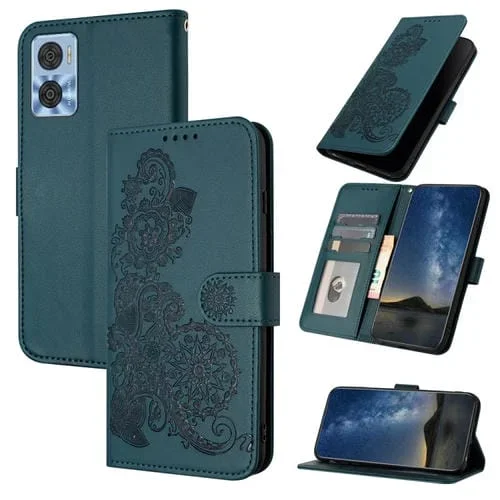 Funda de Cuero para Motorola Moto E22 Datura Flower con Tapa en Relieve (Verde Oscuro)