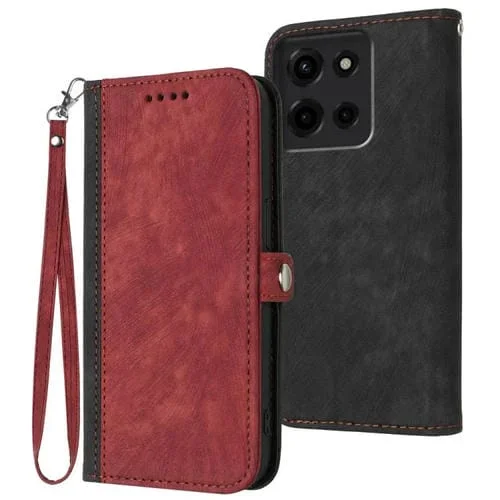 Funda de Cuero para Motorola Moto G 2025 con Correa de Mano y Hebilla Lateral Doble (Rojo)