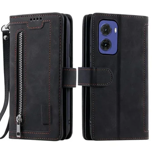 Funda de Cuero para Motorola Moto G05 Nine Card con Cremallera y Cordón (Negro)