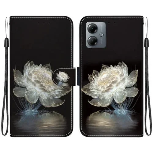 Funda de Cuero para Motorola Moto G14 con Dibujo Coloreado y Textura de Cristal (Peonía de Cristal)
