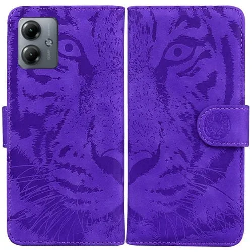 Funda de Cuero para Motorola Moto G14 con Patrón Tiger Embossing (Púrpura)