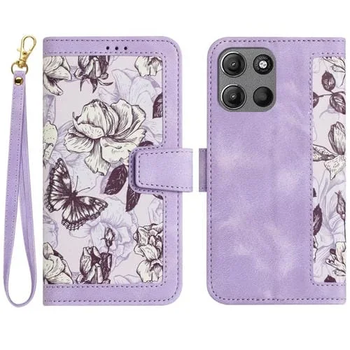 Funda de Cuero para Motorola Moto G15 con Estampado Floral y Cordón (Morado Claro)
