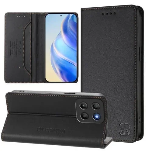 Funda de Cuero para Motorola Moto G15 Rc01 con Doble Pliegue y Succión Magnética Rfid (Negro)