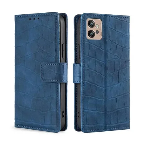 Funda de Cuero para Motorola Moto G32 4G con Skin Feel Cocodrilo y Cierre Magnético (Azul)