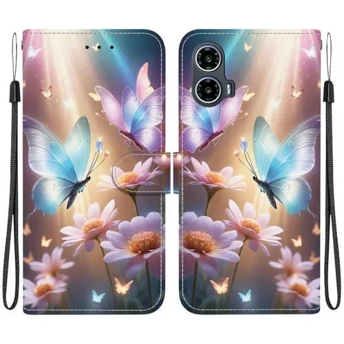 Funda de Cuero para Motorola Moto G34 5G con Dibujo de Colores y Textura de Cristal (Mariposa, Amor y Flores)