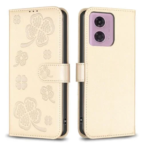 Funda de Cuero para Motorola Moto G34 5G con Relieve de Cuatro Hojas (Dorado)