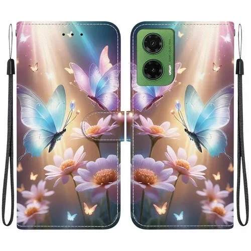 Funda de Cuero para Motorola Moto G35 con Dibujo de Colores y Textura de Cristal (Mariposa, Amor y Flores)