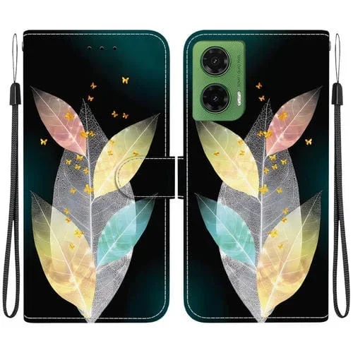 Funda de Cuero para Motorola Moto G35 con Dibujo de Hojas de Colores y Textura de Cristal