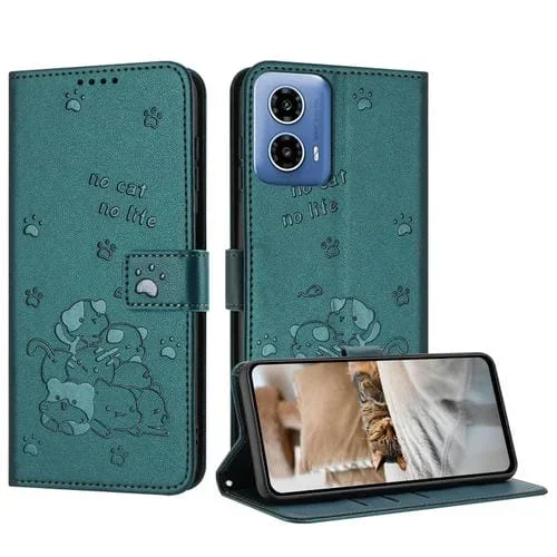 Funda de Cuero para Motorola Moto G35 con Diseño de Gatito en Relieve y Cordón (Verde Oscuro)