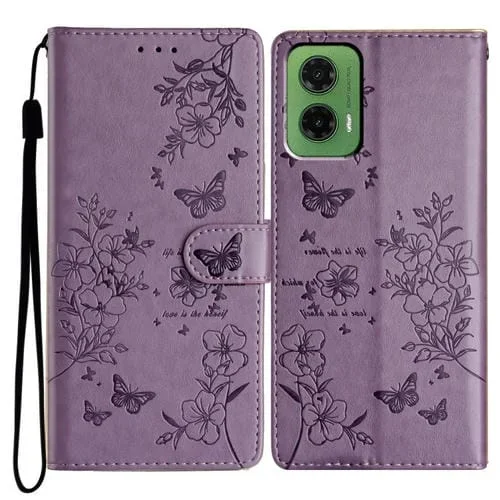 Funda de Cuero para Motorola Moto G35 con Mariposas y Flores (Morado)