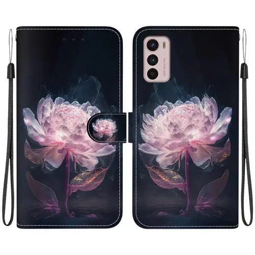 Funda de Cuero para Motorola Moto G42 con Dibujo Coloreado y Textura de Cristal (Peonía Púrpura)