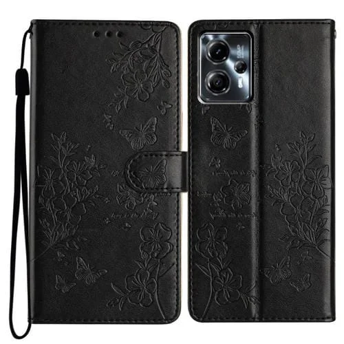 Funda de Cuero para Motorola Moto G53 5G con Mariposas y Flores (Negro)