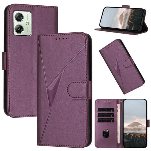 Funda de Cuero para Motorola Moto G54 5G Global/Eu con Cierre de Hebilla y Diseño Triangular (Morado Oscuro)