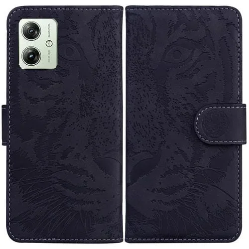 Funda de Cuero para Motorola Moto G54 Tiger con Patrón en Relieve (Negro)