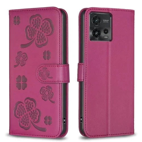 Funda de Cuero para Motorola Moto G72 con Relieve de Cuatro Hojas (Rojo Rosa)