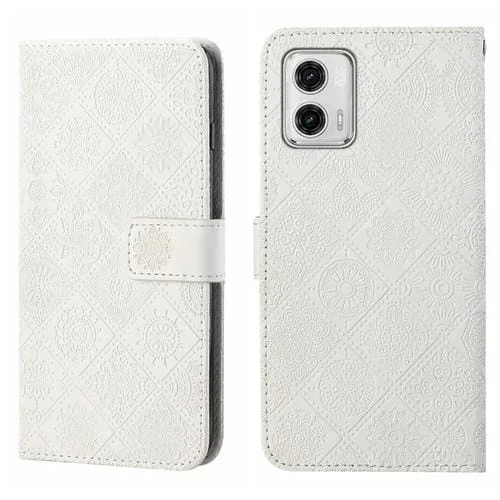 Funda de Cuero para Motorola Moto G73 con Patrón En Relieve Estilo Étnico (Blanco)