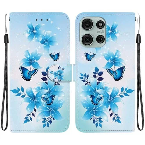 Funda de Cuero para Motorola Moto G75 5G con Dibujo de Colores y Textura de Cristal (Mariposas Azules)