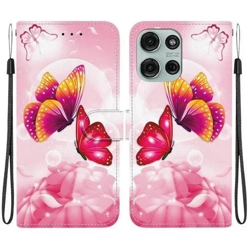 Funda de Cuero para Motorola Moto G75 5G con Dibujo y Textura de Cristal (Mariposas Rosas)