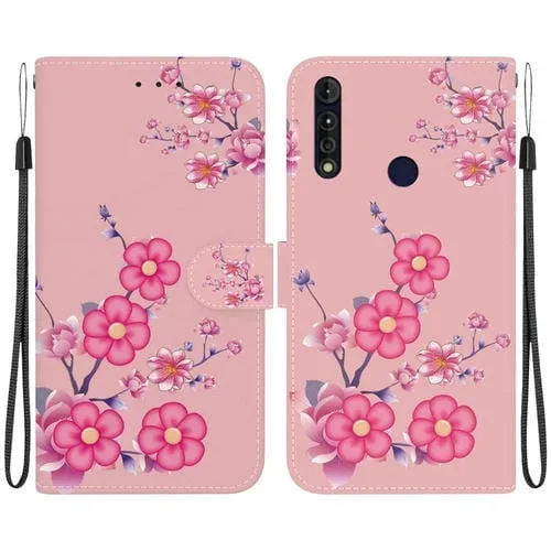 Funda de Cuero para Motorola Moto G8 Power Lite con Dibujo Coloreado y Textura de Cristal (Flores de Cerezo)