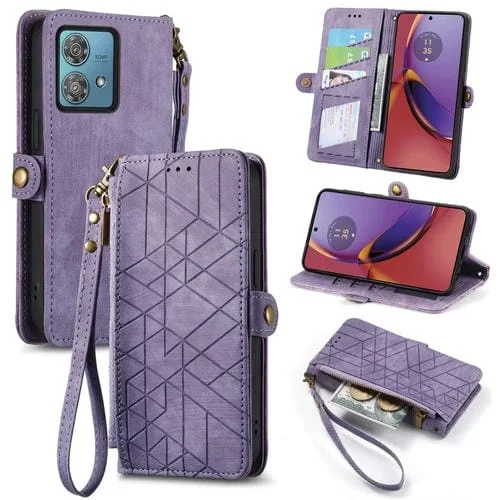 Funda de Cuero para Motorola Moto G84 con Hebilla Lateral y Billetera con Cremallera (Púrpura)