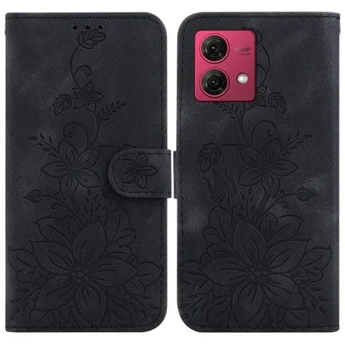 Funda de Cuero para Motorola Moto G84 Lily en Relieve (Negro)