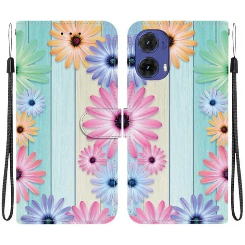 Funda de Cuero para Motorola Moto G85 con Dibujo de Colores y Textura de Cristal (Girasoles)