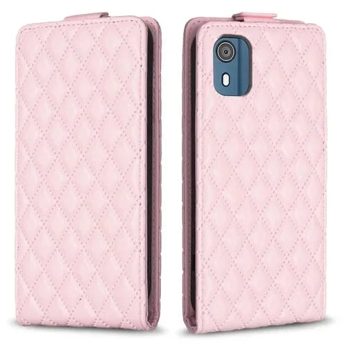Funda de Cuero para Nokia C02 con Tapa Vertical y Diseño Diamond Lattice (Rosa)