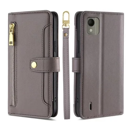 Funda de Cuero para Nokia C110 4G Lite con Billetera, Cremallera y Textura de Oveja (Gris)