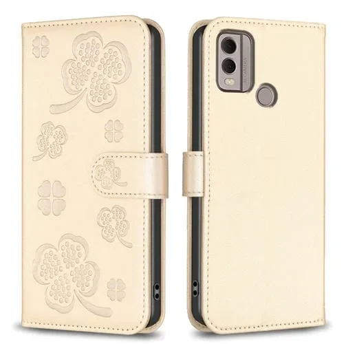 Funda de Cuero para Nokia C22 con Relieve de Cuatro Hojas (Dorado)