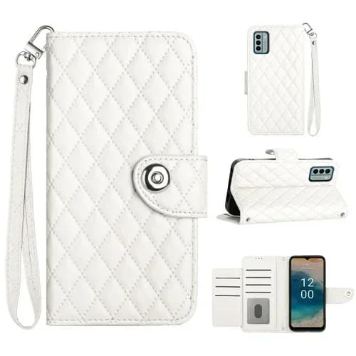 Funda de Cuero para Nokia G22 con Tapa Textura Rómbica y Cordón (Blanco)